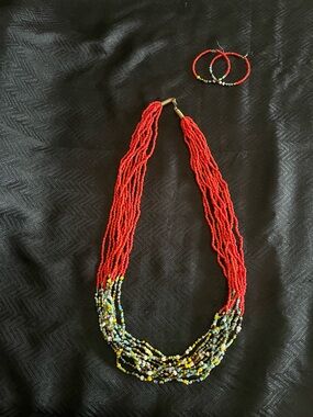 Red Multi-Strand Seed Bead Necklace with Coordinating Hoop Earrings